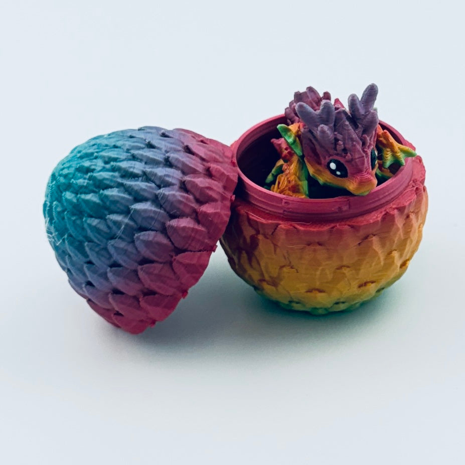 3d printed teeny dragon in egg - rainbow