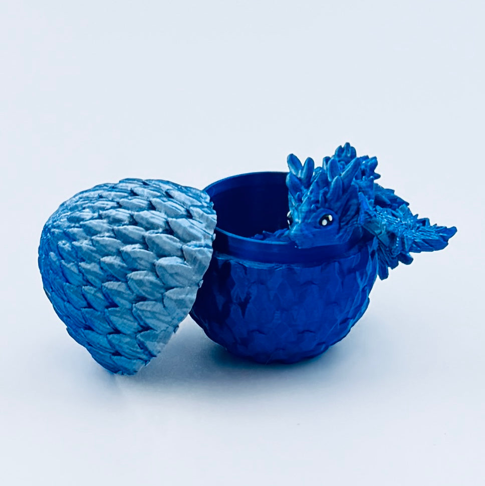 3d printed teeny dragon in egg - blue/silver