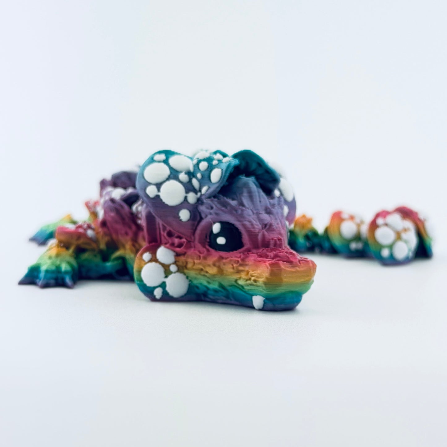 3d printed baby mushroom dragon - rainbow - view 1